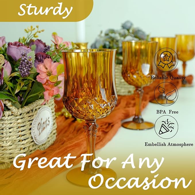 Plastic Wine Glasses，Plastic Goblets Vintage Style Cordial Drinking Glasses for Wedding Reception, Grand Event Party Supplies (24, Amber)