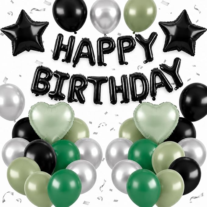 Black Green Birthday Decortions, Star Heart Foil Balloons by BTZO