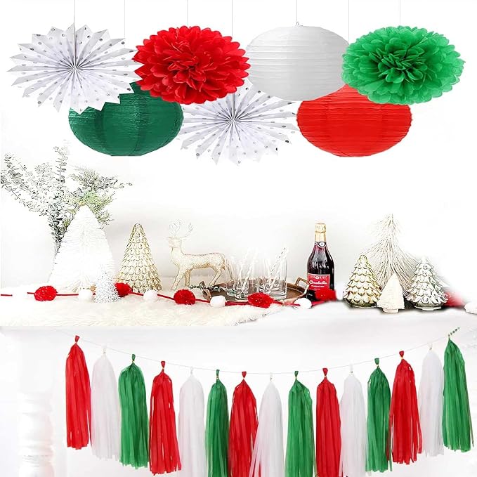 Red White Green Christmas Tissue Paper Tassel Garland Holiday Banner DIY - Image 4