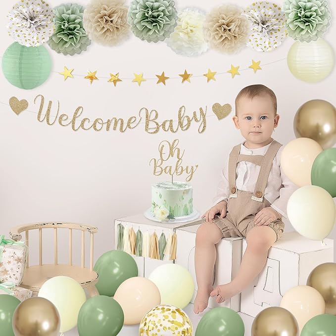 Amandir Sage Green Baby Shower Decorations Welcome Baby Banner | Green Balloons - Image 5