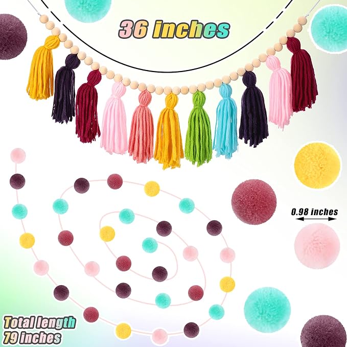 Syhood 3 Pcs 79" 2 Pom Pom Garland Wall Decor and 36" 1 Boho Tassel Garland - Image 5