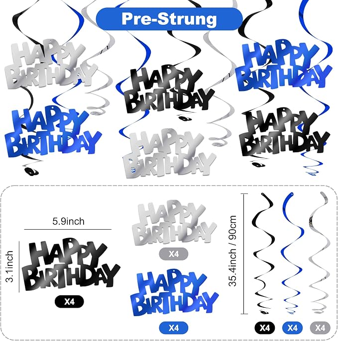 BEISHIDA 12 Pcs Happy Birthday Hanging Swirl Decorations, Men Boys Birthday - Image 2
