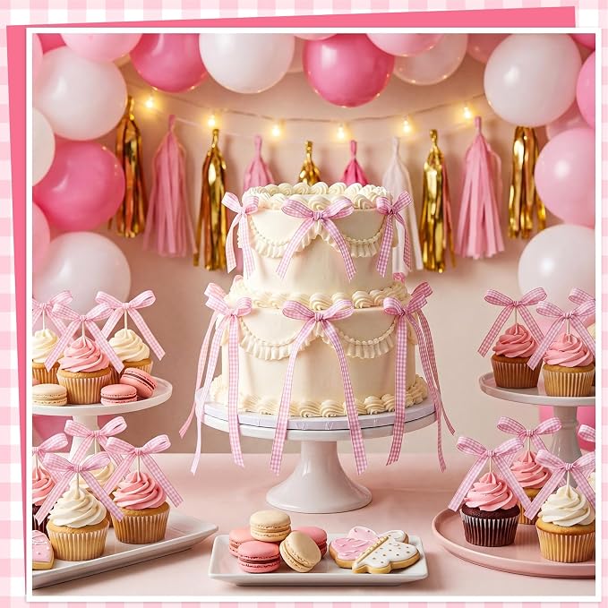 30 Pack Bow Cake Toppers Pink Gingham Ribbon Bows - Image 5