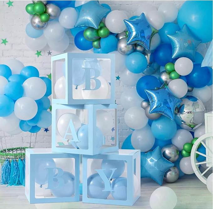 Baby Shower Boxes Party Decorations – 4 pcs Blue Transparent Balloon Boxes – - Image 5