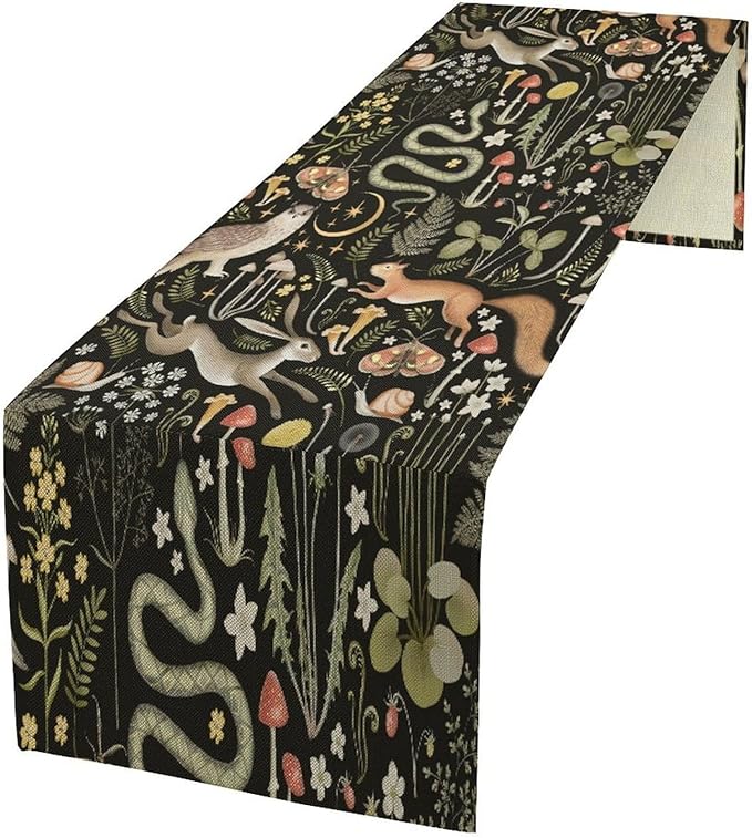 Mushroom Table Runner,Vintage Boho Forest Wild Animal Wildflower Botanical Plants Pattern Print Burlap Hotel Indoors Outdoor Dining Room Kitchen Holiday Party, 13x36in