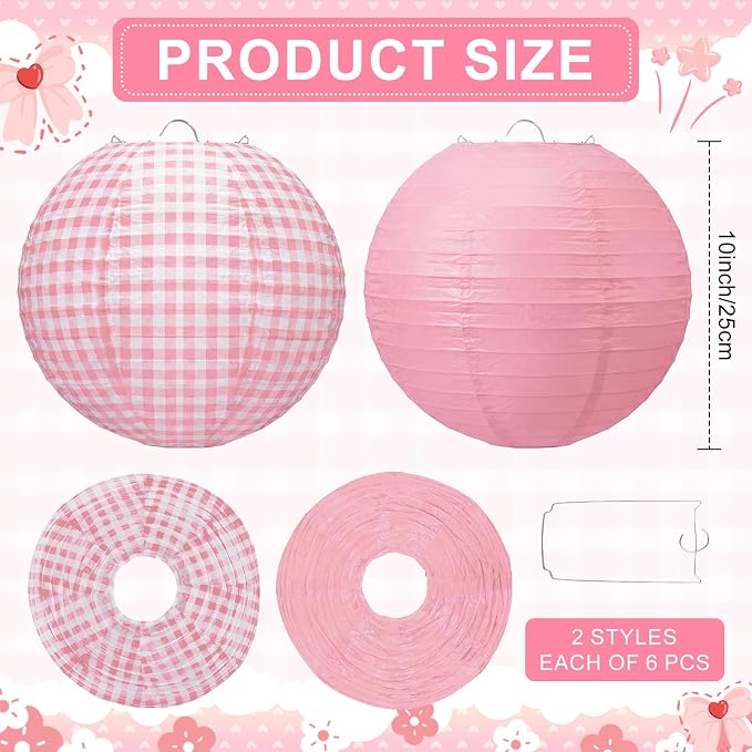 Honoson 12 Pcs Pink Gingham Paper Lanterns Decoration10 Inch White and Pink - Image 2