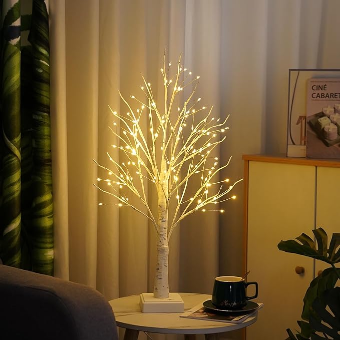 2 Pack 144 LED Artificial Tree Lamp with Timer, DIY Birch Tree with LED Lights, Lighted up Tree Lamp USB/Battery Powered, Fairy Light Spirit Tree for Table Home Bedroom Christmas (Warm White)