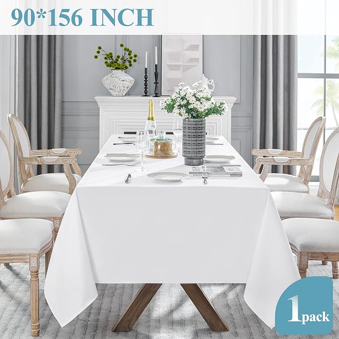VidaFete Tablecloth 90 * 156inch Rectangle Table Cloth Polyester, Stain Wrinkle Resistant Polyester Dining Table Cover for Kitchen Dinning Party Wedding Rectangular Tabletop Buffet Decoration(White)