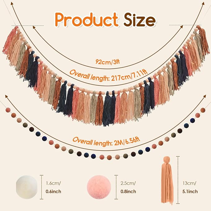 2pcs Longer Fall Tassel Garland, Pom Pom Tassel, Felt Ball Garland, - Image 2