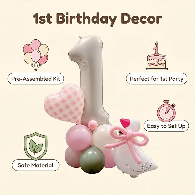 One Silly Goose Balloon Tower: Pink Gingham Party Decor Girls' First Birthday - Image 2