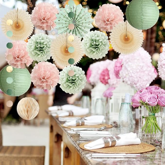 Sage Green and Blush Pink Party Decorations Paper Lanterns Sage Green Cream - Image 6