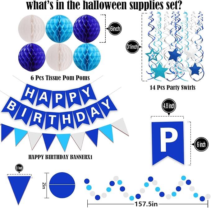 FECEDY Navy Blue Happy Birthday Paper Banner Flag Bunting Circle Confetti - Image 2