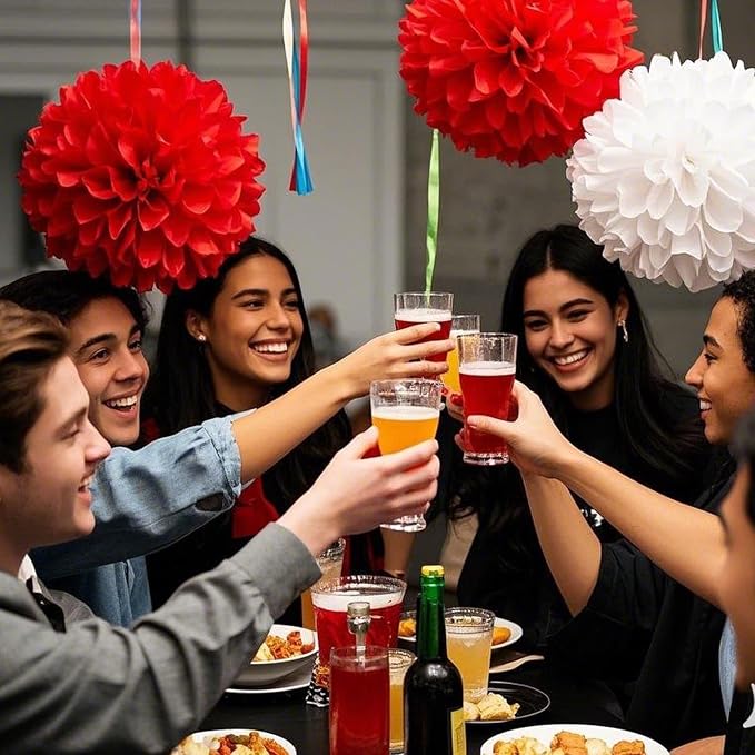 Capesaro Red and White Paper Pom Poms - Image 3