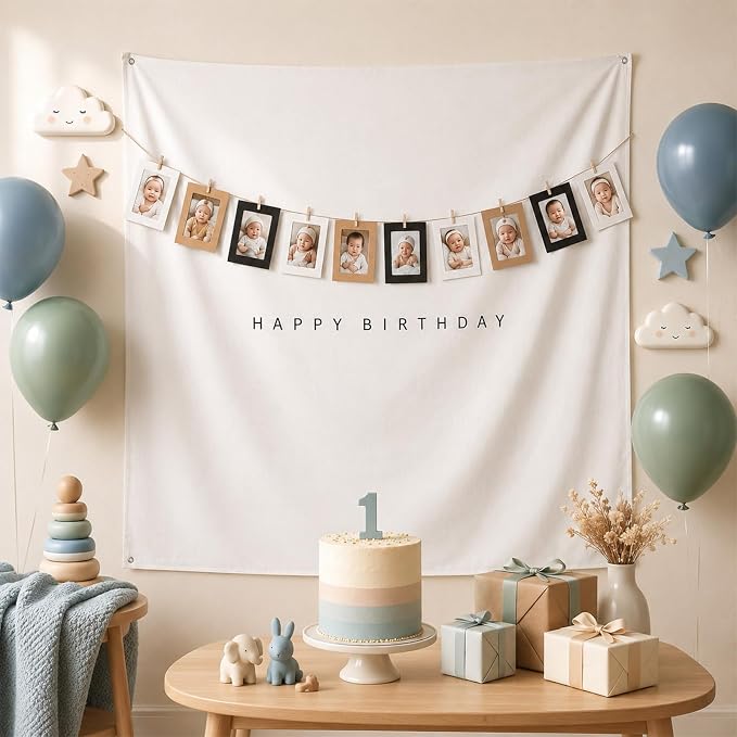 Wiooffen 59x59 In Happy Birthday Tapestry Minimalist White Fabric Banner Happy by Wiooffen