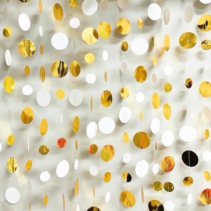 46 Feet White and Gold Circle Dots Garland Hanging Paper Polka Dots Streamer - Image 9