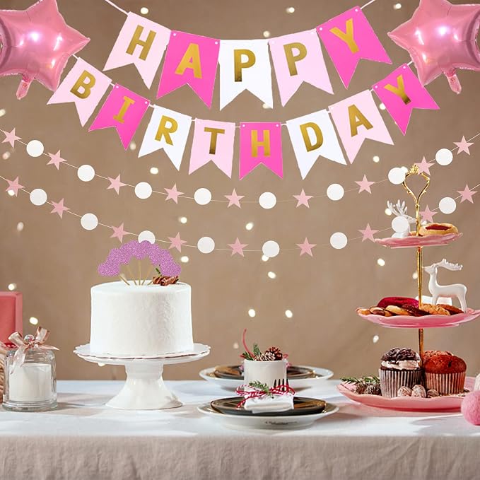 Pink Gold Birthday Party Decorations, Happy Birthday Banner, Heart Star Foil - Image 4