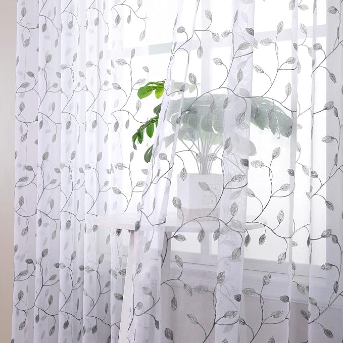 Tollpiz Leaves Short Sheer Tier Curtains Grey Leaf Embroidery Kitchen Half - Image 2