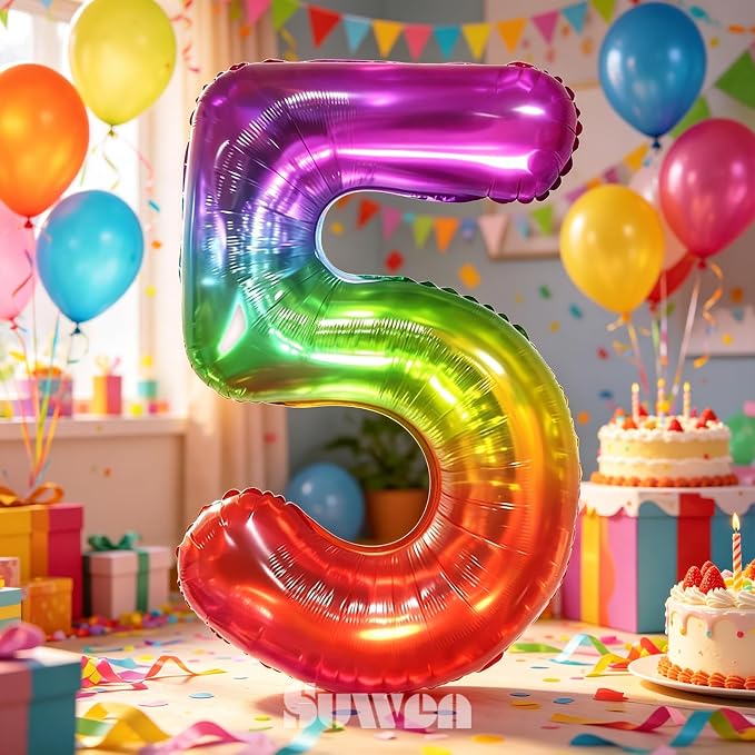 SUWEN Rainbow Number 5 Balloon 40 Inch, Big Colorful Balloons 0-9 | Large - Image 3