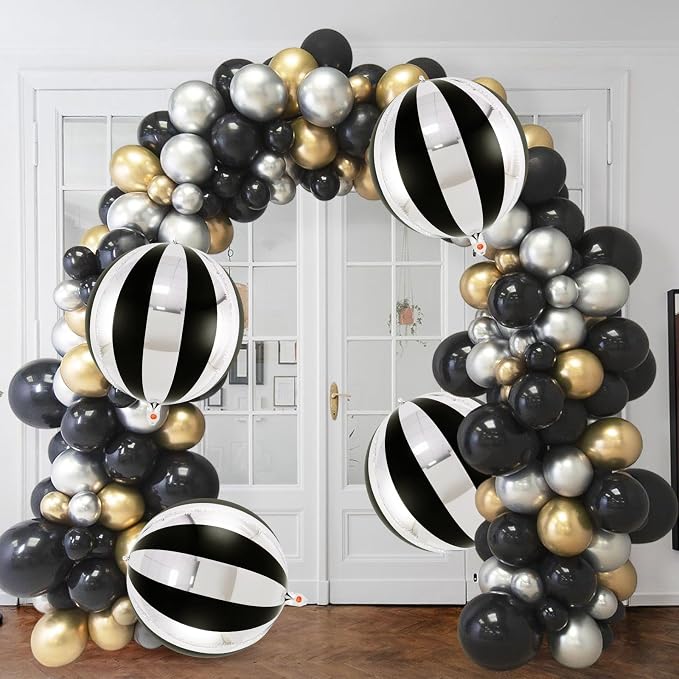 Black and Silver Striped Balloons, 22 Inch Metallic Round Foil Balloons - Image 3