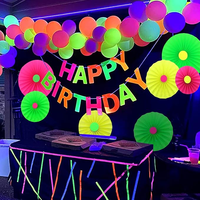 6Pcs UV Neon Party Hanging Paper Fans Flower Glow in The Dark Glow Party - Image 2