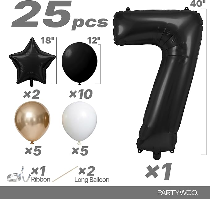 PartyWoo Number Balloons 40 Inch Black Number 7 Kit 25pcs - Image 2