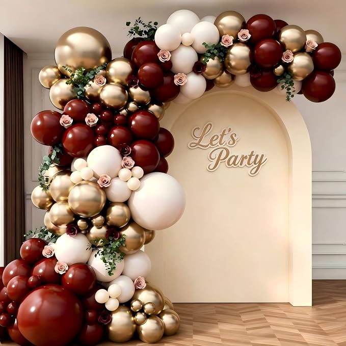 Burgundy Balloon Garland Arch Kit, Burgundy Maroon Gold Sand White Balloons by Unknown