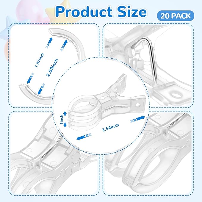 EMART 20 Pack Balloon Arch Clips Plastic Clear Large Towel Clips 3.5 Inch Heavy - Image 7