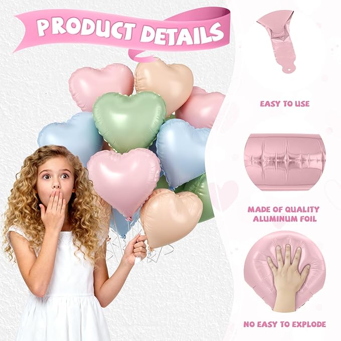 Pink Blue Green Heart Balloons, 18 Inch Baby Pink Blue Sage Green Foil Balloons - Image 3