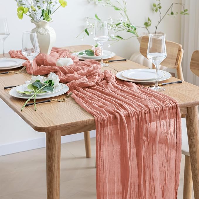 Asee'm 4pcs Cheesecloth Table Runner 120 Inches Dark Rose Boho Gauze Cheese Cloth Runner 10FT Rustic Sheer Table Runners for Summer Wedding Baby Shower Holiday Party Decoration