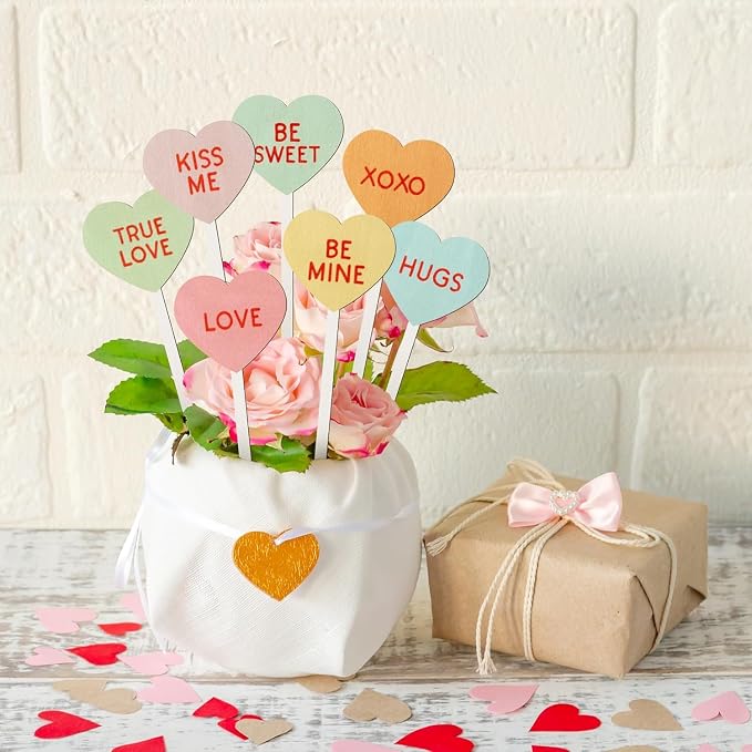 TICIAGA 28PCS Valentine’s Day Decorative Picks Cute Double-Sided Wooden Heart - Image 4