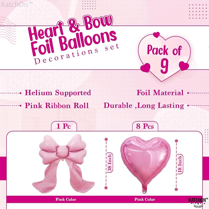 KatchOn Heart & Bow Balloons Set Pink, Heart Shaped Balloons, Valentine - Image 2