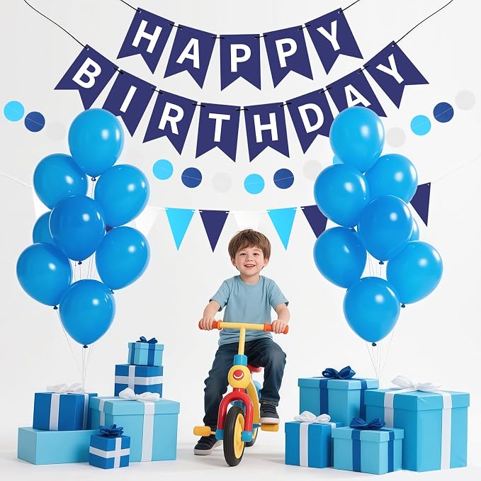 Blue Happy Birthday Banner, Happy Birthday Decorations Hanging Birthday Sign - Image 3