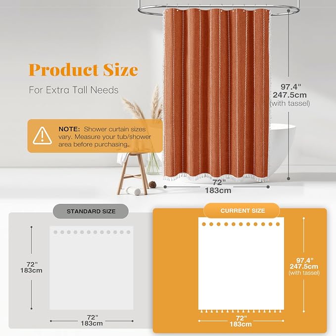 72x96 Extra Long Linen Heavy Duty Shower Curtain Set, Burnt Orange | Extra Tall - Image 3