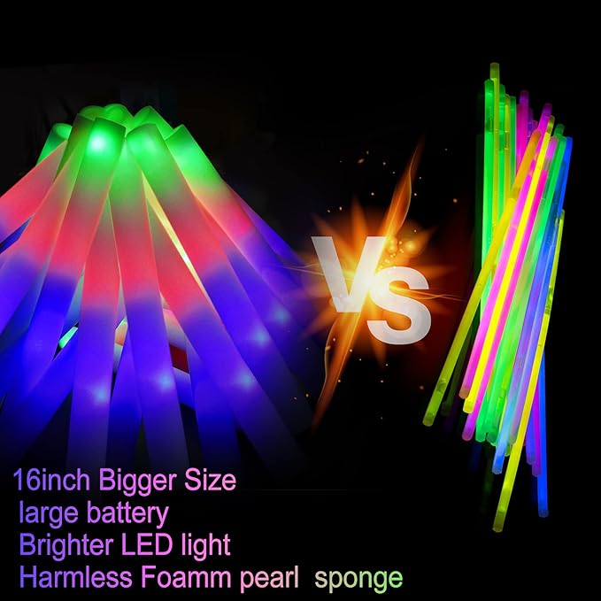 LifBetter 58Pcs Foam Glow Sticks Bulk,Led Glow Sticks with 3 Modes Colorful Flashing,Long Life Battery Glow In The Dark Party Supplies for Weddings,Parties,Festivals,Sporting Events