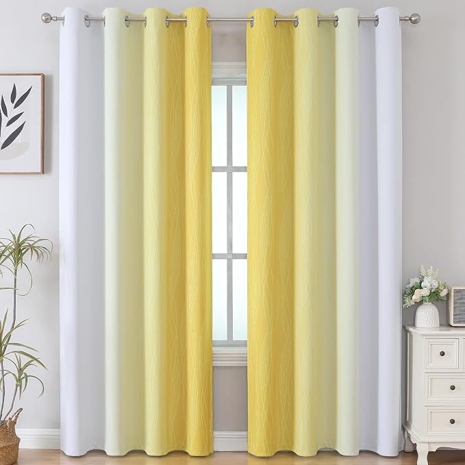 Yellow and Greyish White Gradient Blackout Curtains, Thermal Insulated Ombre - Image 2