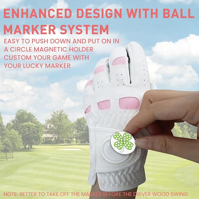 Women Golf Gloves Premium Leather with Magnetic Ball Marker Left Right Hand 1 Pack, Extra Grip for Ladies Comfortable Durable Size Small Medium Large