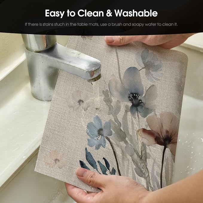 Artoid Mode Brown Poppy Floral Vinyl Spring Placemats Set of 6, Wipeable - Image 3