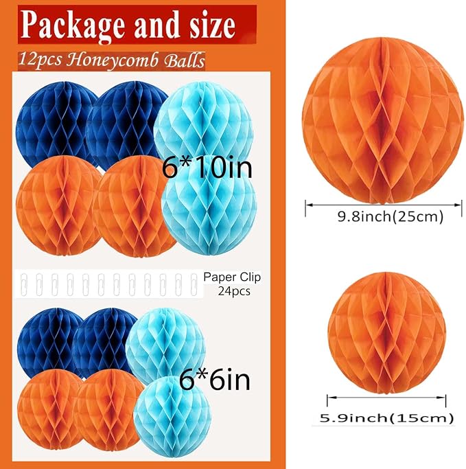 Orange and Blue Rainbow Paper Honeycomb Balls, 6 and 10 inch Hanging Tissue - Image 2