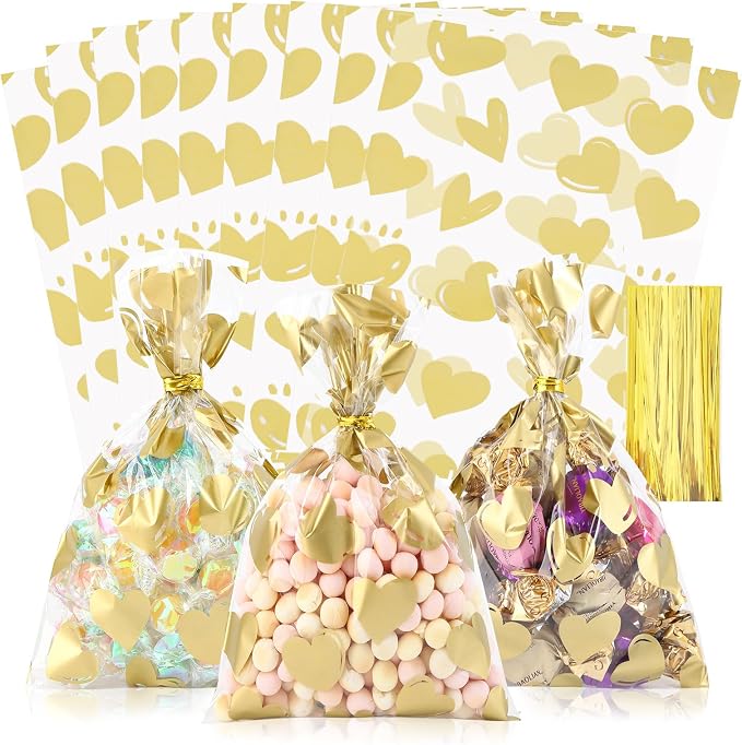 COQOFA 100 Pcs 5x7 IN Gold Heart Cello Cellophane Gift Bags by COQOFA