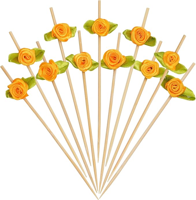 Minisland Orange Rose Flower Cocktail Picks, 4.7 Inch Long Bamboo Fancy by Minisland