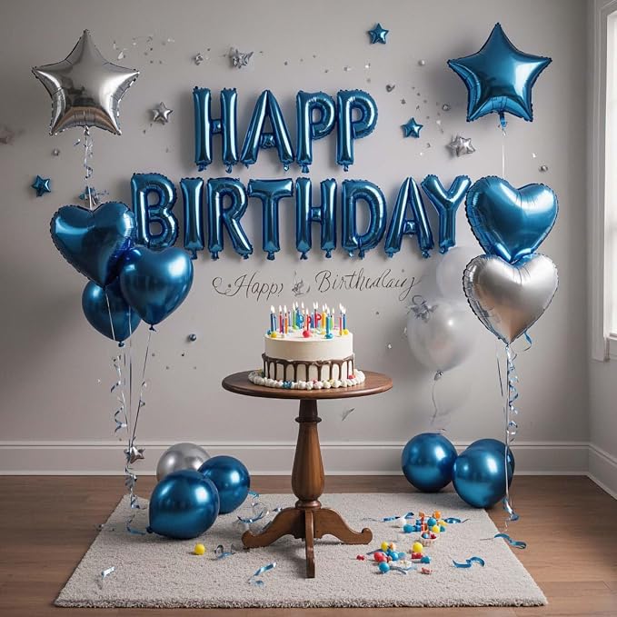 27 Pcs Blue Silver Birthday Decorations, 3D Letters Blue Happy Birthday Balloon - Image 3