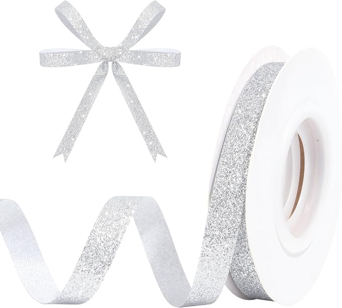 Silver Metallic Glitter Ribbon for Gift Wrapping 3/8in x 10Yds | Cheer Sparkle by HISWAN