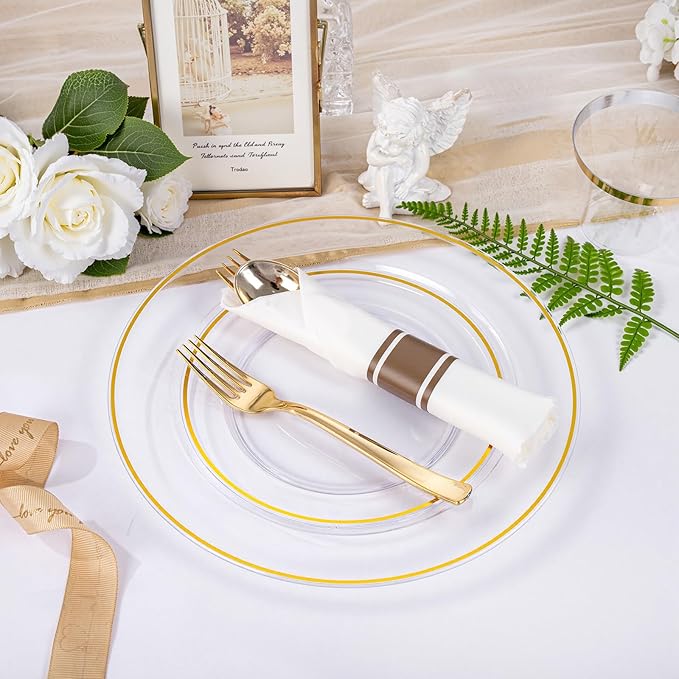 SUT 175 Pcs Gold and Clear Plastic Dinnerware Set for 25 Guests, Include: 25 Dinner Plates, 25 Dessert Plates, 25 Pre Rolled Napkins With Silverware, 25 Cups, Disposable Plates for Party, Wedding
