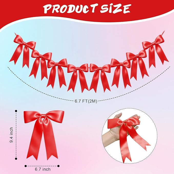 2 Strings of 16PCS Red Bow Garlands Banner Decoration, Pre-Strung Satin Ribbon - Image 2