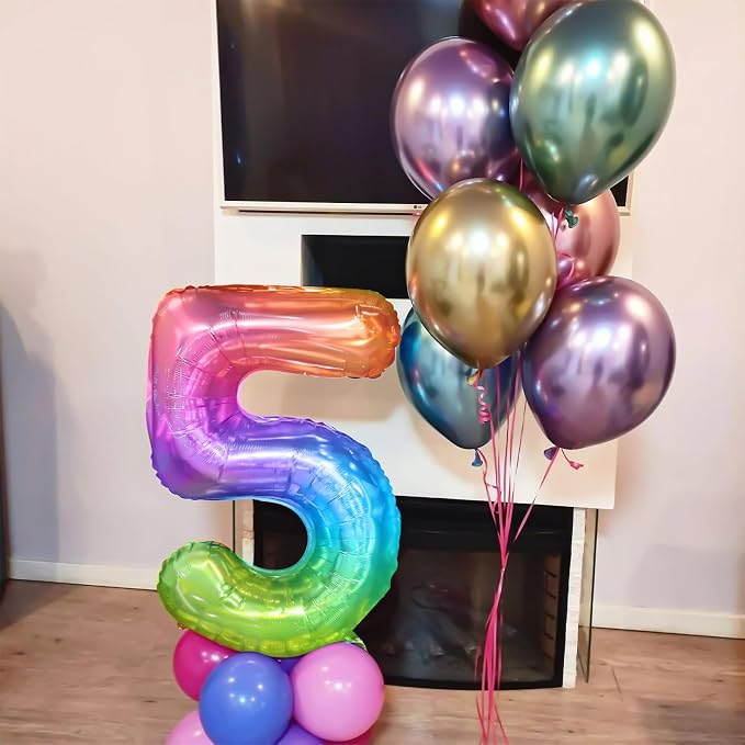 40 Inch Rainbow Number Balloon 5, Large Number Foil Balloons Mylar - Image 4