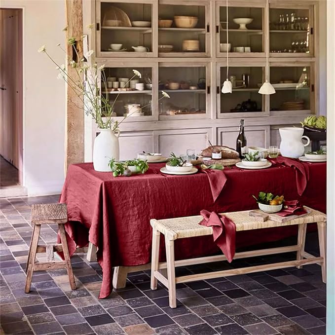 Talasily Linen Tablecloth 100% Pure Linen Table Cloth 60x120 Inches Rectangle Tablecloths Washable Cloths for Kitchen, Dining, Buffet Parties, Holidays, Picnic, Weddings and Restaurants-Christmas Red