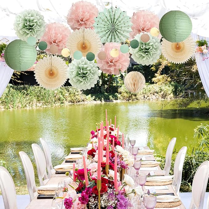 Sage Green and Blush Pink Party Decorations Paper Lanterns Sage Green Cream - Image 5