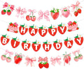 MEETINGU Strawberry Cake Happy Birthday Banner and Bow Strawberry Banner by MEETINGU