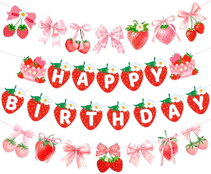 MEETINGU Strawberry Cake Happy Birthday Banner and Bow Strawberry Banner by MEETINGU