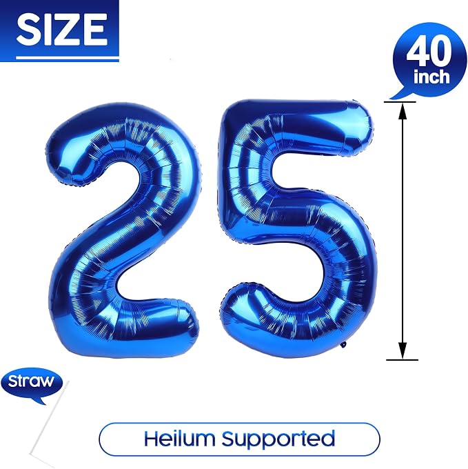 25 Balloon - Metallic Blue Birthday Number Balloons, 40 Inch Decorations | - Image 5